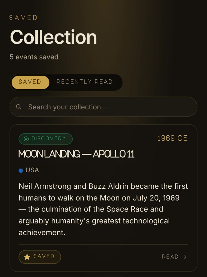 Crop of Epoch Saved: Collection with Saved and Recently read tabs, a search box and the Moon Landing — Apollo 11 card