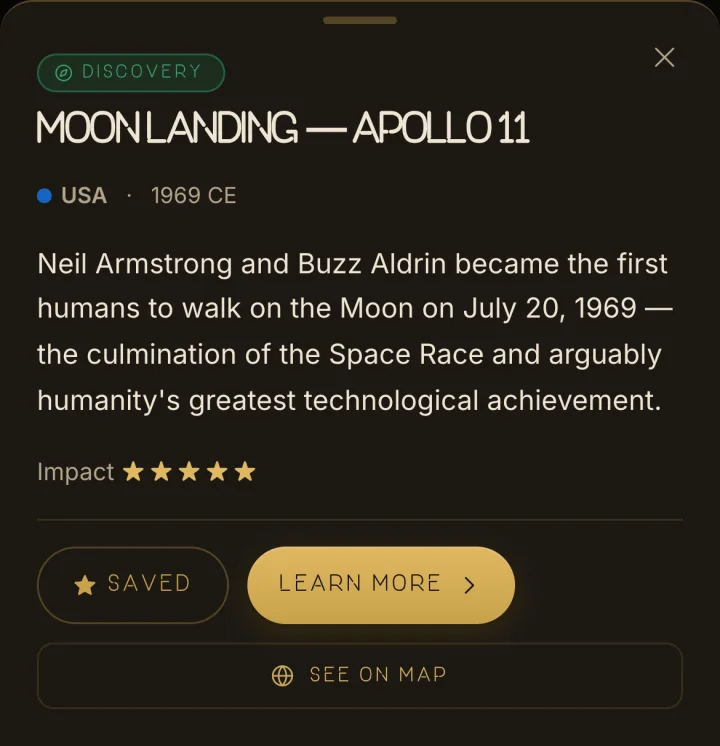 Crop of an Epoch story sheet: Discovery, Moon Landing — Apollo 11, USA, 1969 CE, five impact stars, Saved, Learn more and See on map