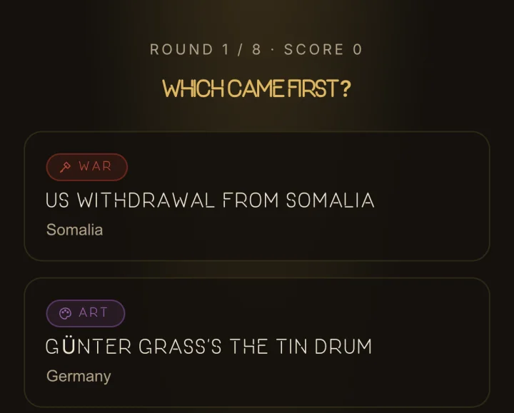 Crop of Then or Now, round 1 of 8: which came first, US Withdrawal from Somalia or Günter Grass's The Tin Drum?