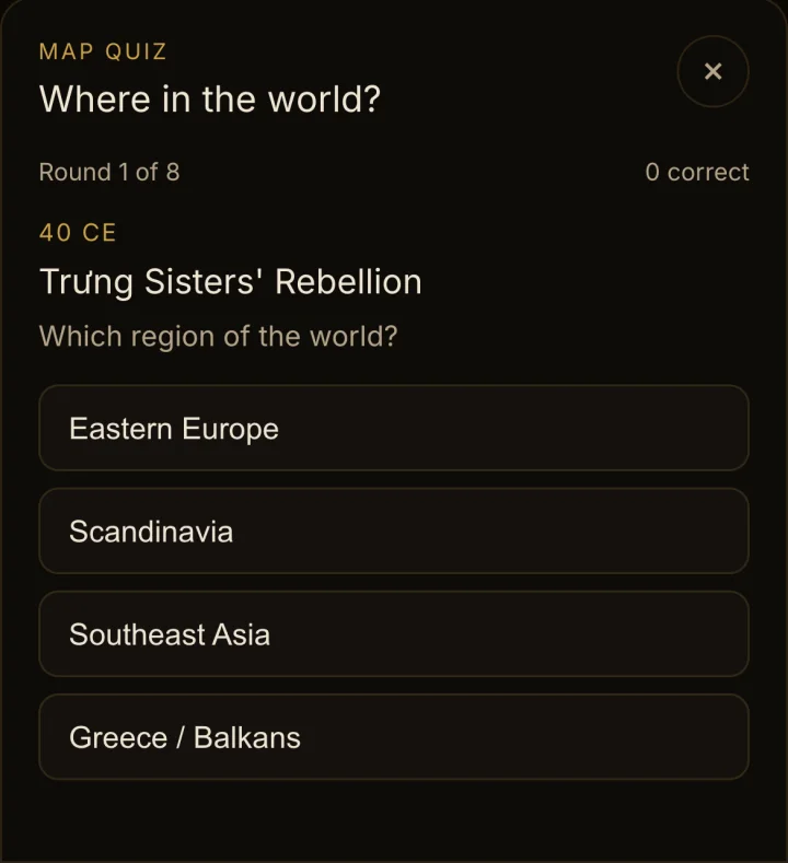 Crop of the Where in the World? map quiz, round 1 of 8: the Trưng Sisters' Rebellion, 40 CE, with four regions to choose from
