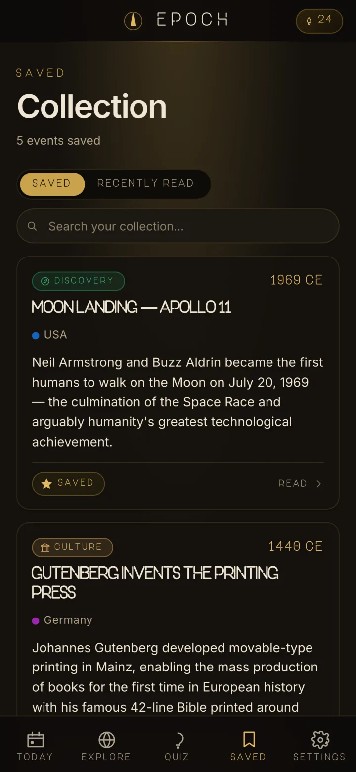 Saved: five saved events with search