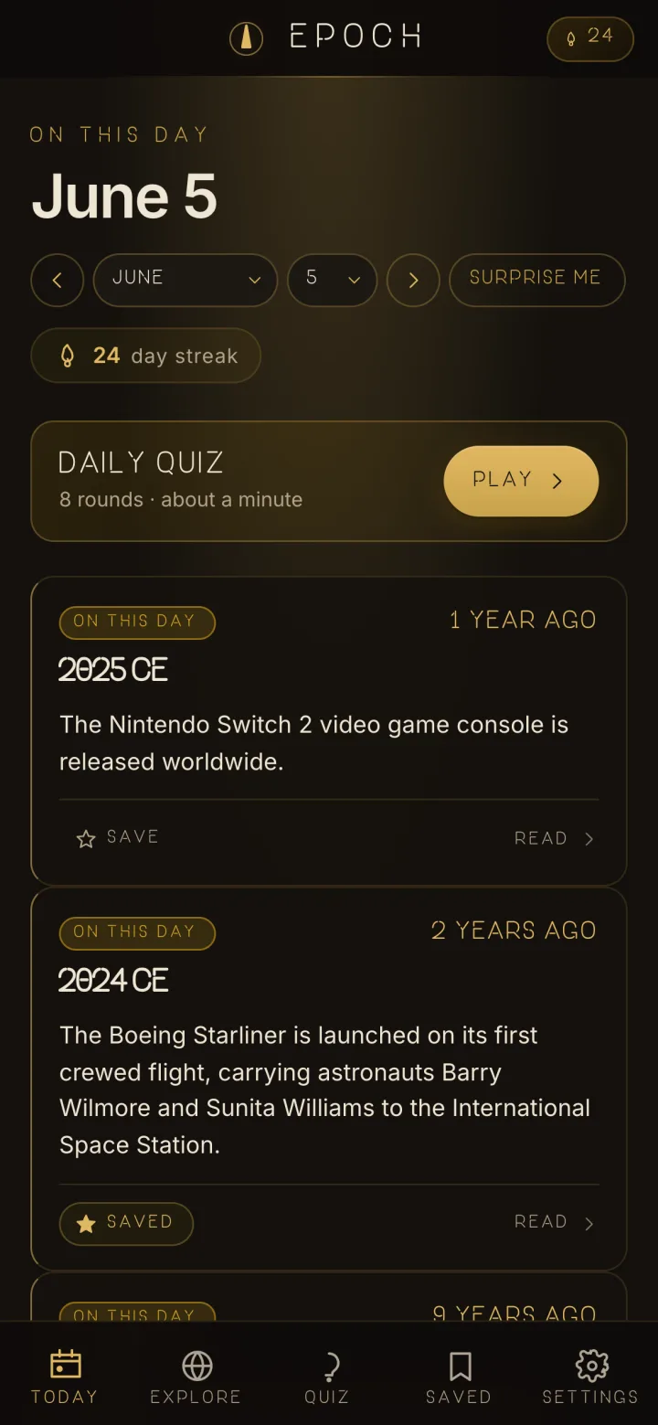 Epoch Today for June 5: day pickers, Surprise me, a 24-day streak, the Daily Quiz card and On This Day cards, newest first